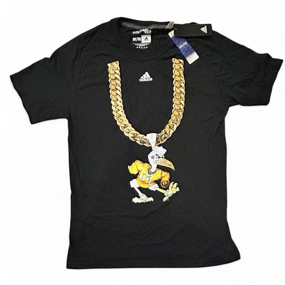 NWT Adidas Black Tee with Gold Chain & Miami Hurricanes Pendant